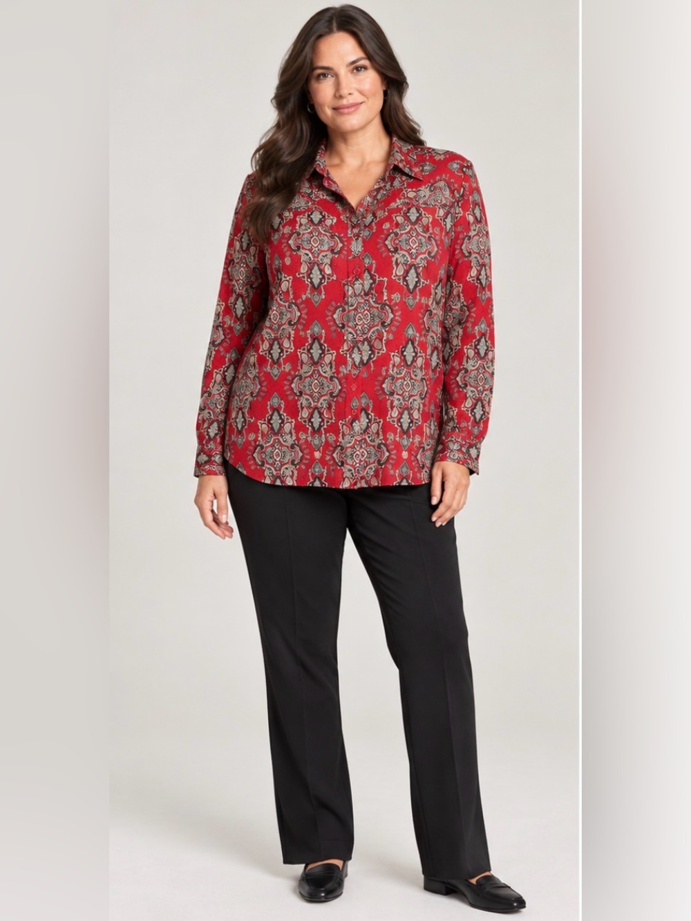 Jones New York Signature Woman 2X Cotton Red Paisley Button Down Blouse Top NWT